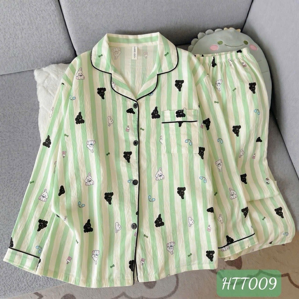 Set đồ ngủ xinh xắn mềm mịn  xanh matcha hoạ tiết chấm bi đen( Free size)