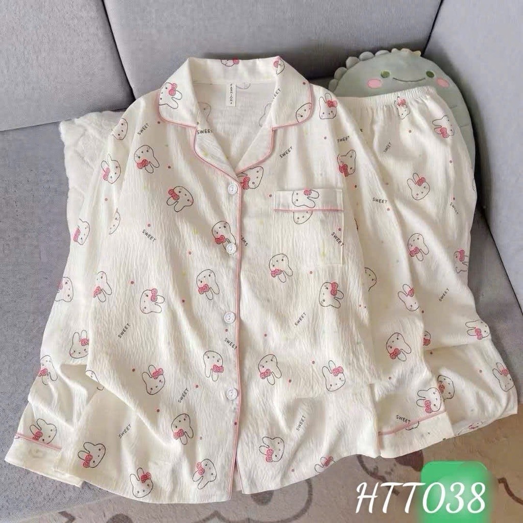 Set đồ ngủ dài tay chất mềm mịn nịnh tay hoạ tiết thỏ xinh (Freesize)