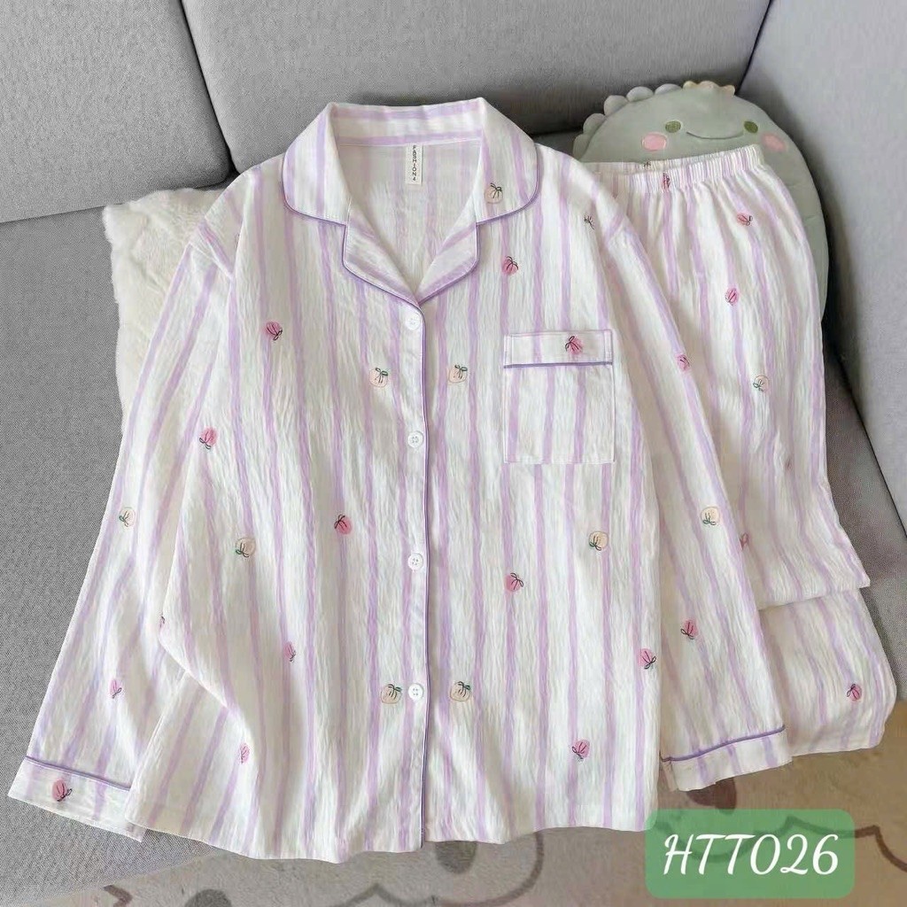 Set đồ ngủ mặc nhà  mềm mịn xinh xắn hoạ tiết hồng nhạt ( Free size)