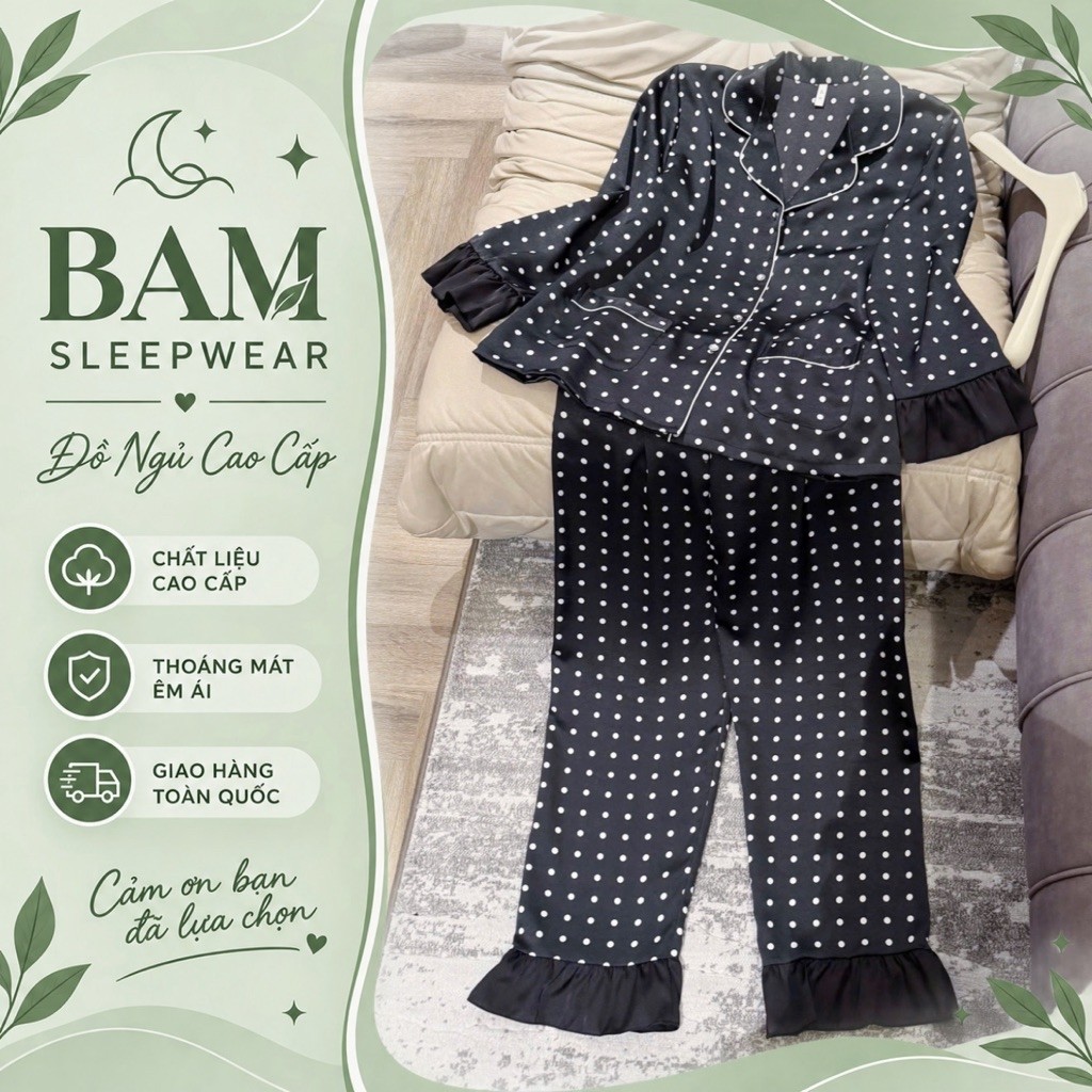 Bộ ngủ lụa chấm bi trắng phối tay đen mặc nhà B0223