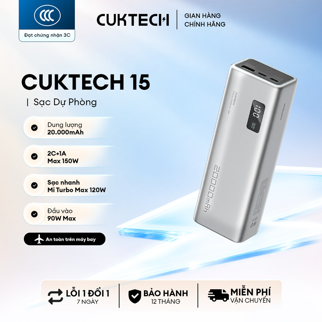 CUKTECH 15 Sạc Di Động 2C1A | Công Suất 150W Max | Dung Lượng 20.000mAh | Bảo Hành 18 Tháng PB200P