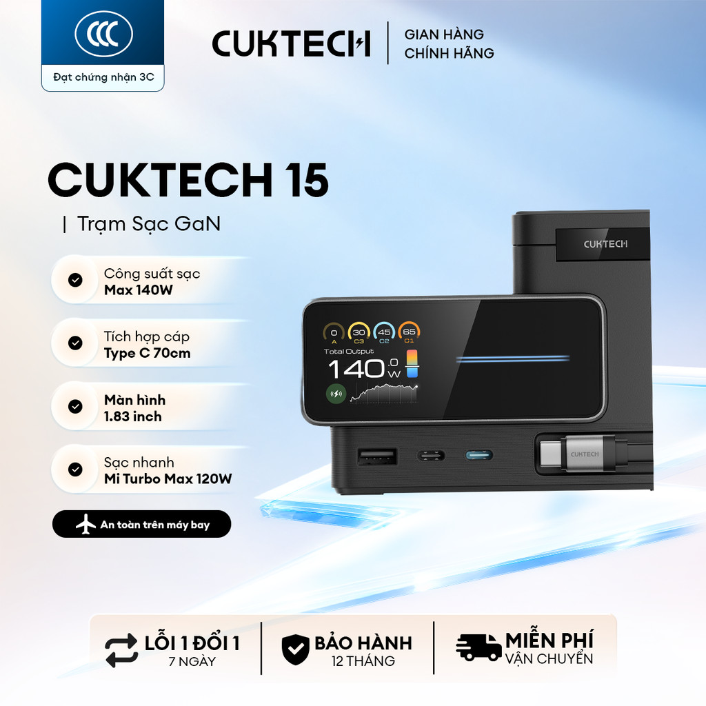 Trạm Sạc GaN CUKTECH 15 6in1 | Công Suất Max 140W | Màn Hình 1.83 Inch | Bảo Hành 18 Tháng TA1406U