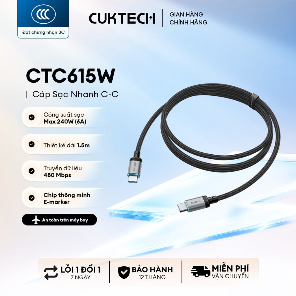 Cáp Sạc Nhanh CUKTECH CTC615W C-C 1.5m | Công Suất Sạc Max 240W (6A) | Truyền Dữ Liệu 480 Mbps | Bảo Hành 18 Tháng