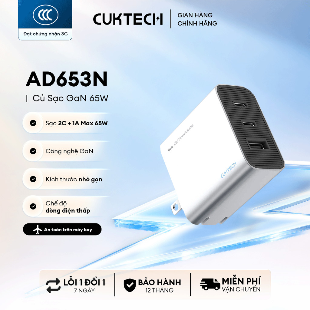 Củ Sạc GaN CUKTECH AD653N 2C1A | Công Suất Max 65W | Kích Thước Nhỏ Gọn | Bảo Hành 18 Tháng