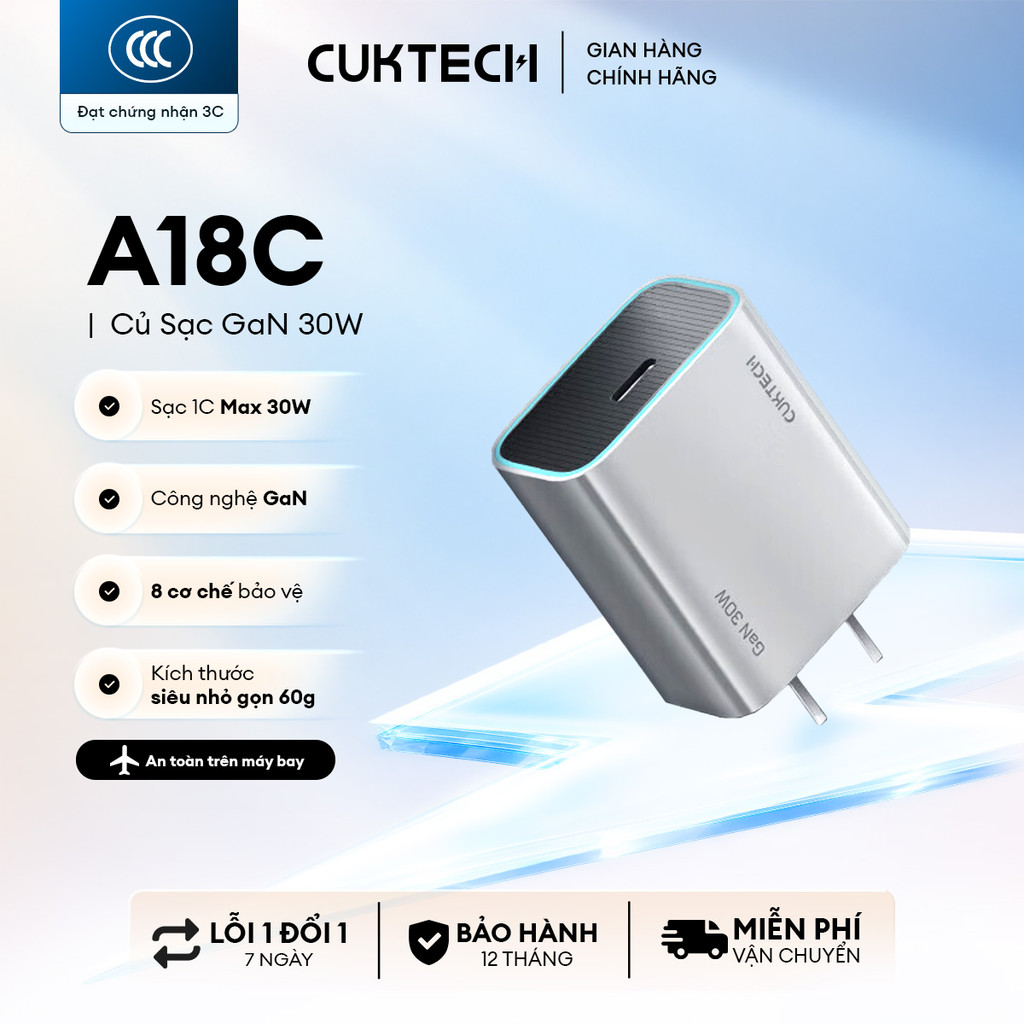 Củ Sạc GaN CUKTECH A18C 1C | Cống Suất 30W | Hỗ Trợ Sạc Nhanh | Thiết Kế Nhỏ Gọn | Bảo Hành 18 Tháng