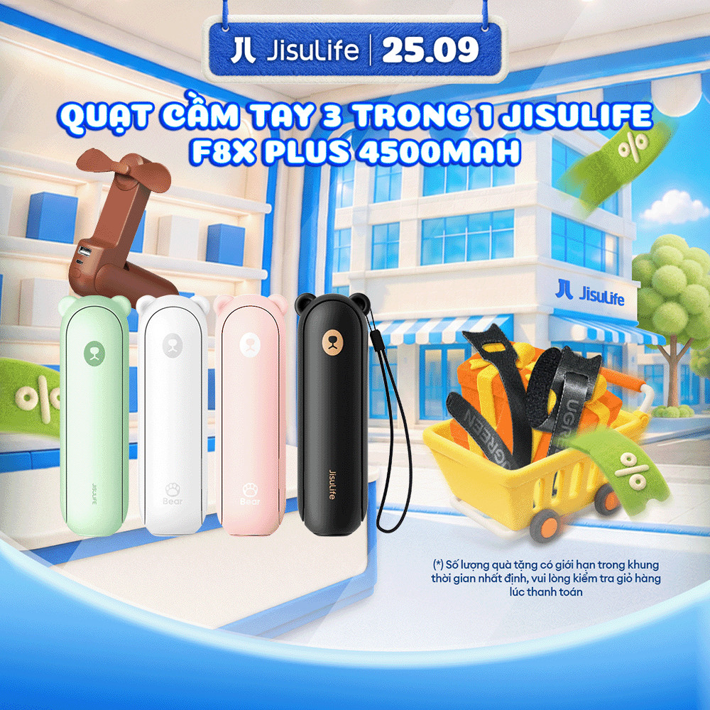 Quạt Gấp Gọn JISULIFE F8X 4500mAh Có Sạc Dự Phòng Đèn Pin, Bảo Hành Chính Hãng 12 Tháng