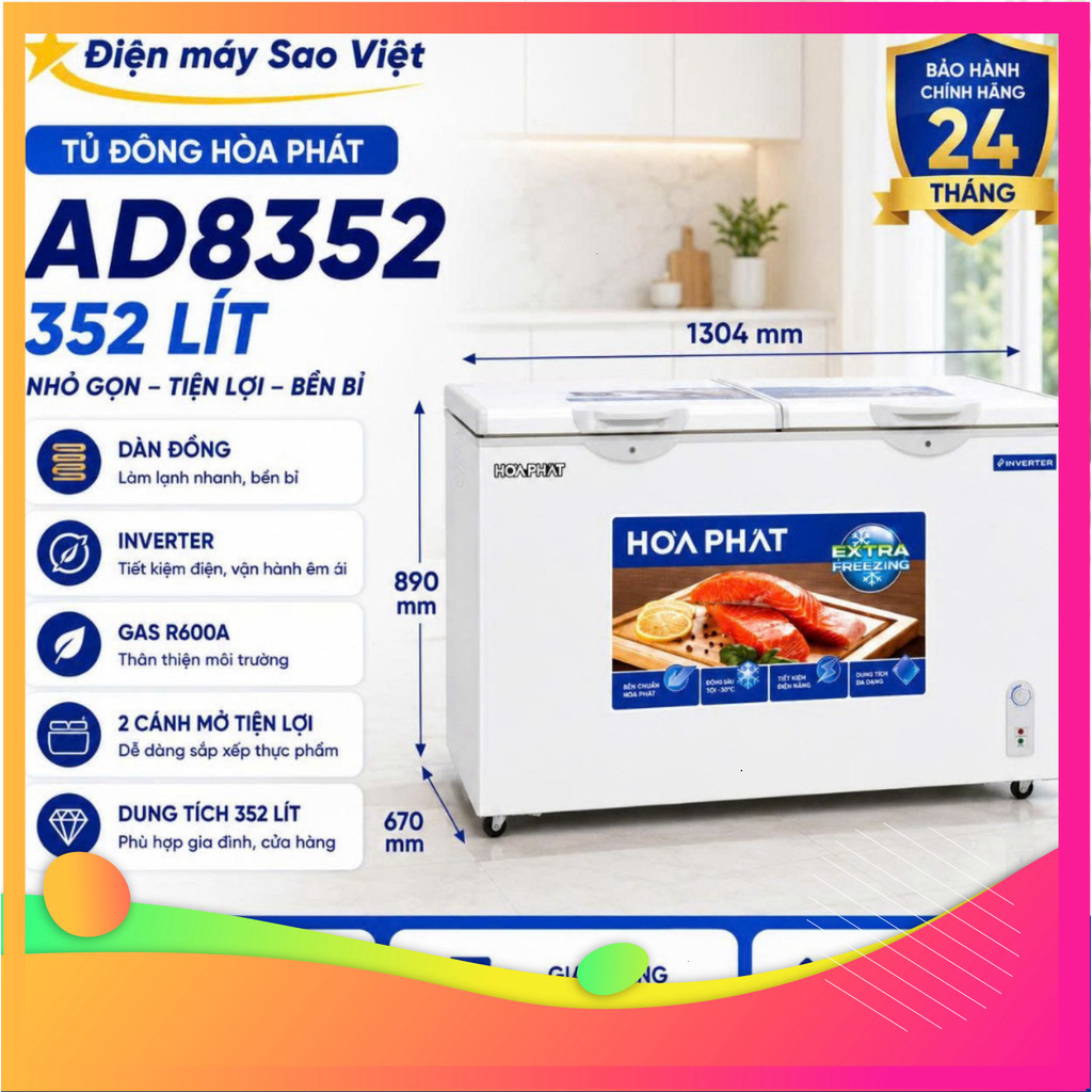 [ chính hãng ] Tủ Đông Hòa Phát Inverter HPF AD8352 352 Lít 1 Ngăn 2 Cánh Dàn Đồng Bảo Hành 24 Tháng