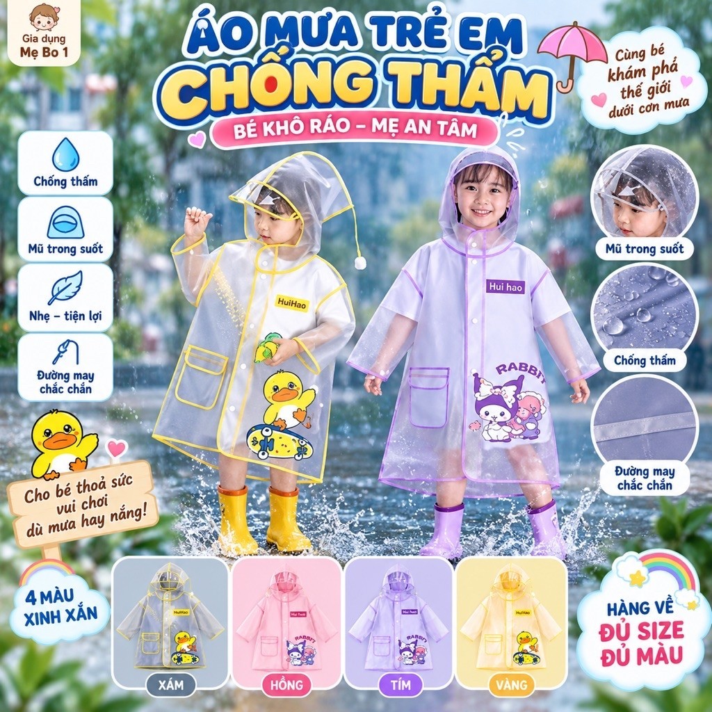 Áo Mưa Cho Bé Chống Thấm Tiện Lợi Với Thiết Kế Dễ Thương Phù Hợp Cho Bé Tới Trường An Toàn