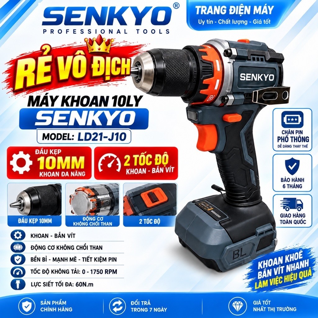 Thân Máy Khoan Pin 10mm SENKYO LD21-J10, Lực Siết 60Nm, Có Khoá Trục, Động Cơ Không Chổi Than, Chính