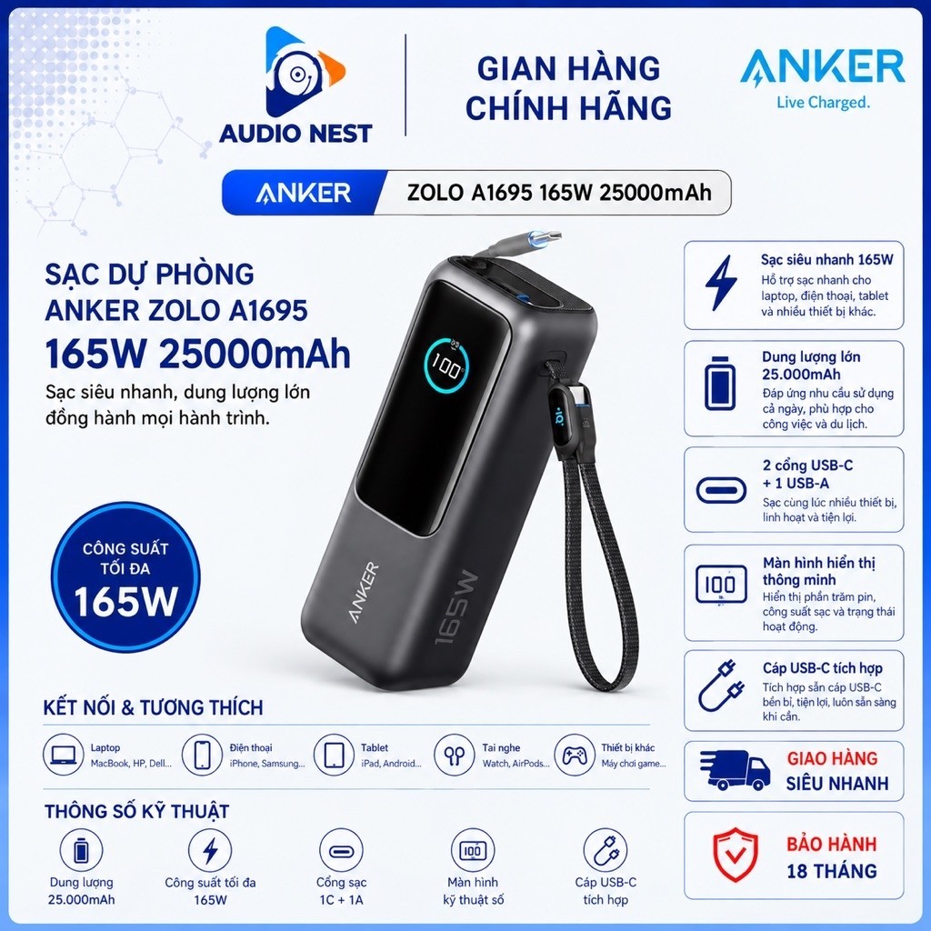 Sạc dự phòng Anker Zolo 1C1A 165W 25000mah A1695 - Tích Hợp Dây Type-C - Bảo Hành 18 Tháng