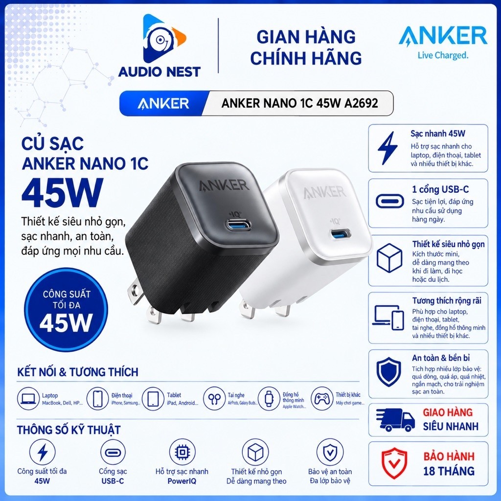 Củ sạc Anker Nano 1C 45W A2692 - Sạc Siêu Nhanh Nhỏ Gọn - Bảo Hành 18 Tháng.
