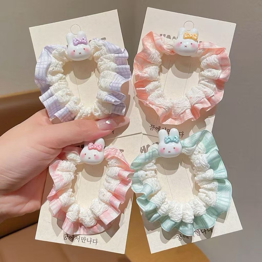 🍒Dây Cột tóc scrunchies vải kẻ caro phối ren đính thú siêu xinh, Dây buộc tóc tiểu thư phong cách Hàn Quốc dễ thương