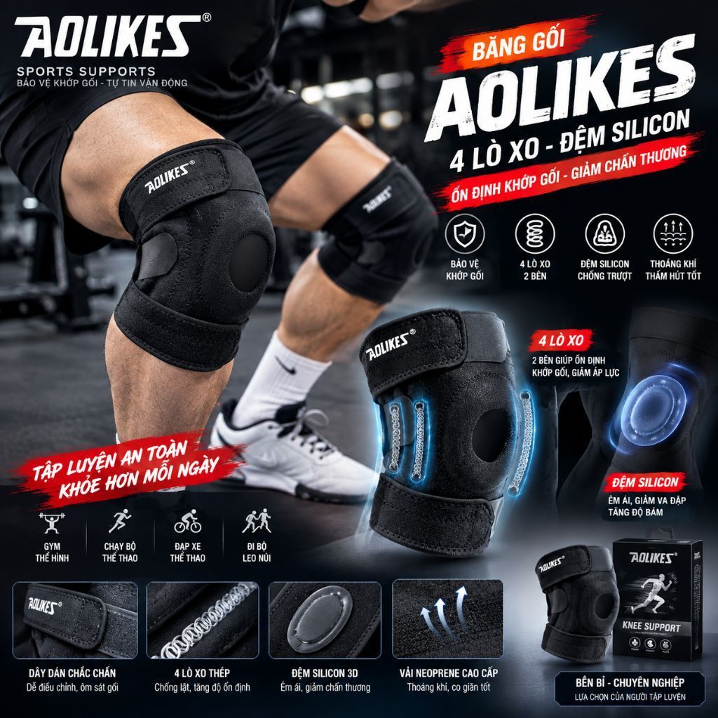 Băng gối Aolikes 4 lò xo trợ lực và đệm silicon,  bó gối, đệm gối silicon chính hãng Aolikes