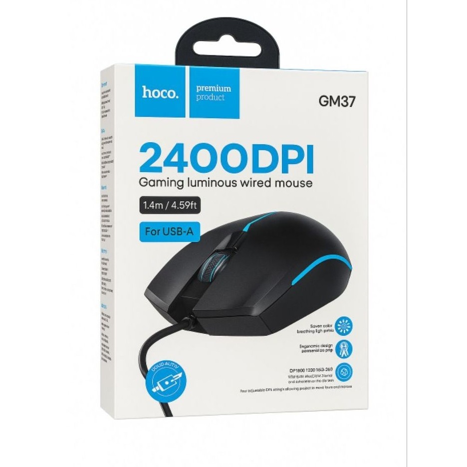 Chuột có dây gaming HOCO GM31,GM37 kết nối bằng dây đầu USB dài 1.5m, có LED