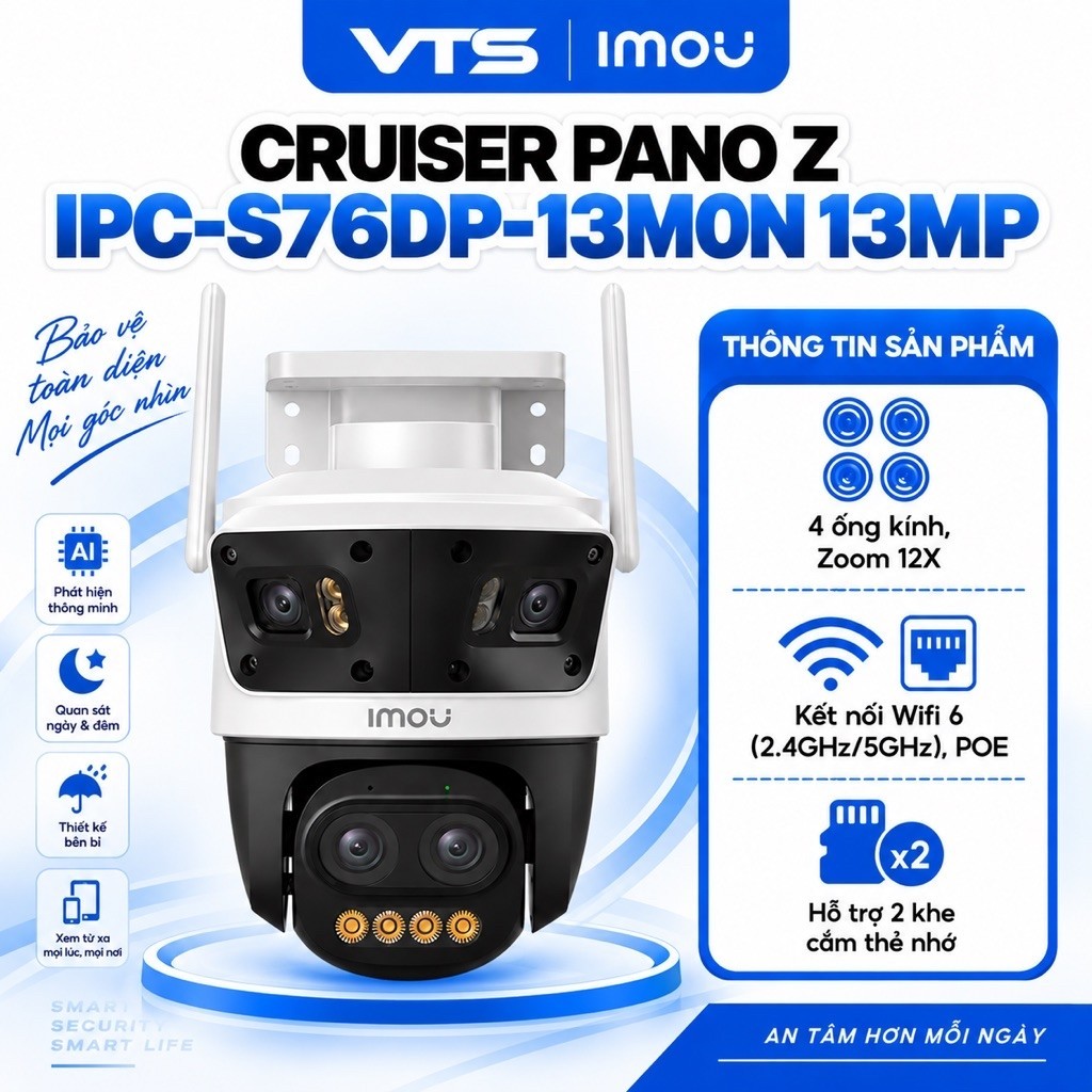 Camera Wifi IMOU Cruiser Pano Z S76DP-13M0N 13MP, Zoom 12x, Wifi 6, IMOU SENSE, AI Thông Minh