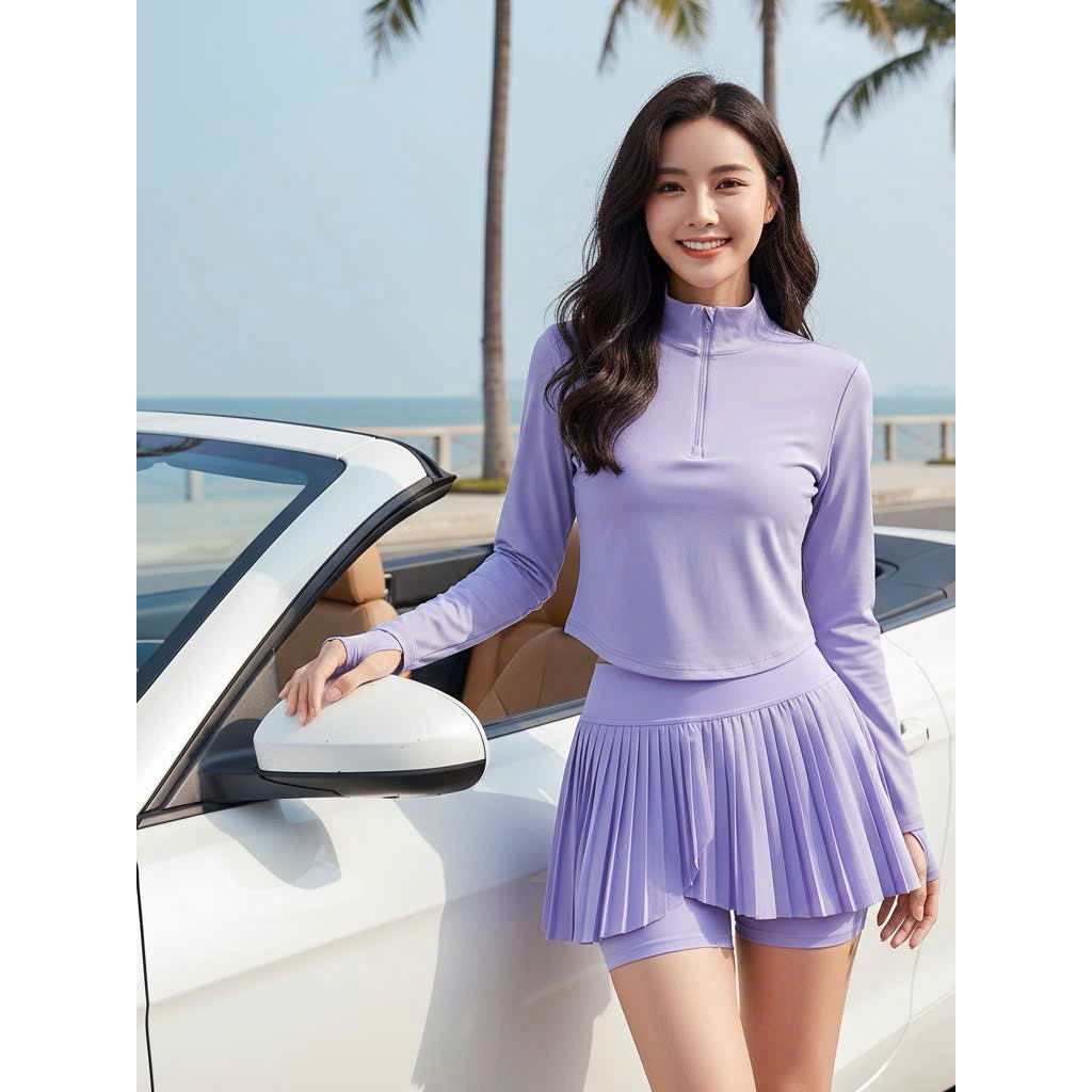 [MK SPORT] Set thể thao nữ lulu Quảng Châu áo dài tay vạt bầu khoá trụ kết hợp chân váy xếp ly vạt l
