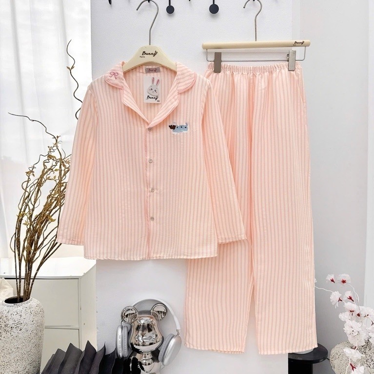 Bộ Đồ Ngủ Pijama Nữ Kẻ Sọc Dọc Bunny Dài Tay -Đồ Ngủ Nữ Cổ Bẻ Dễ Thương