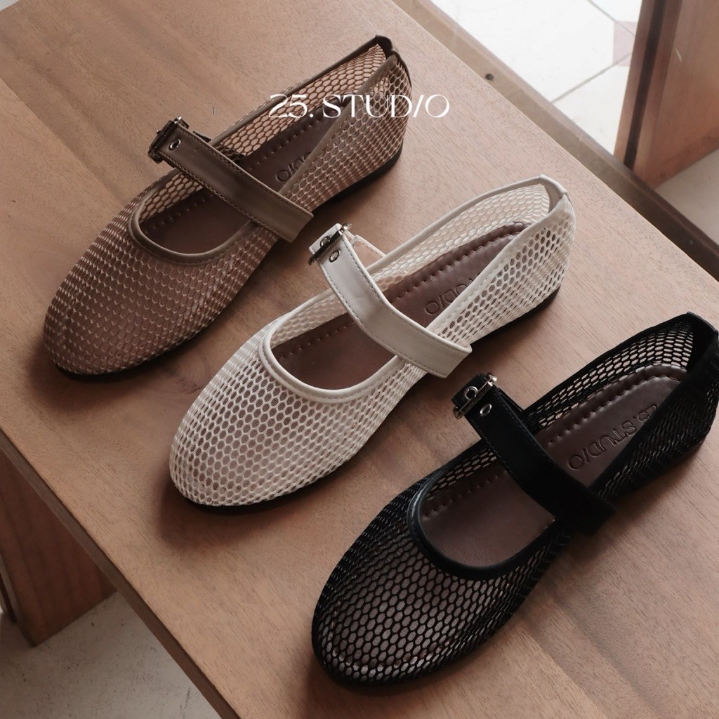 25 STUDIO Giày búp bê lưới bệt phối quai ngang Mesh Ballet Flats