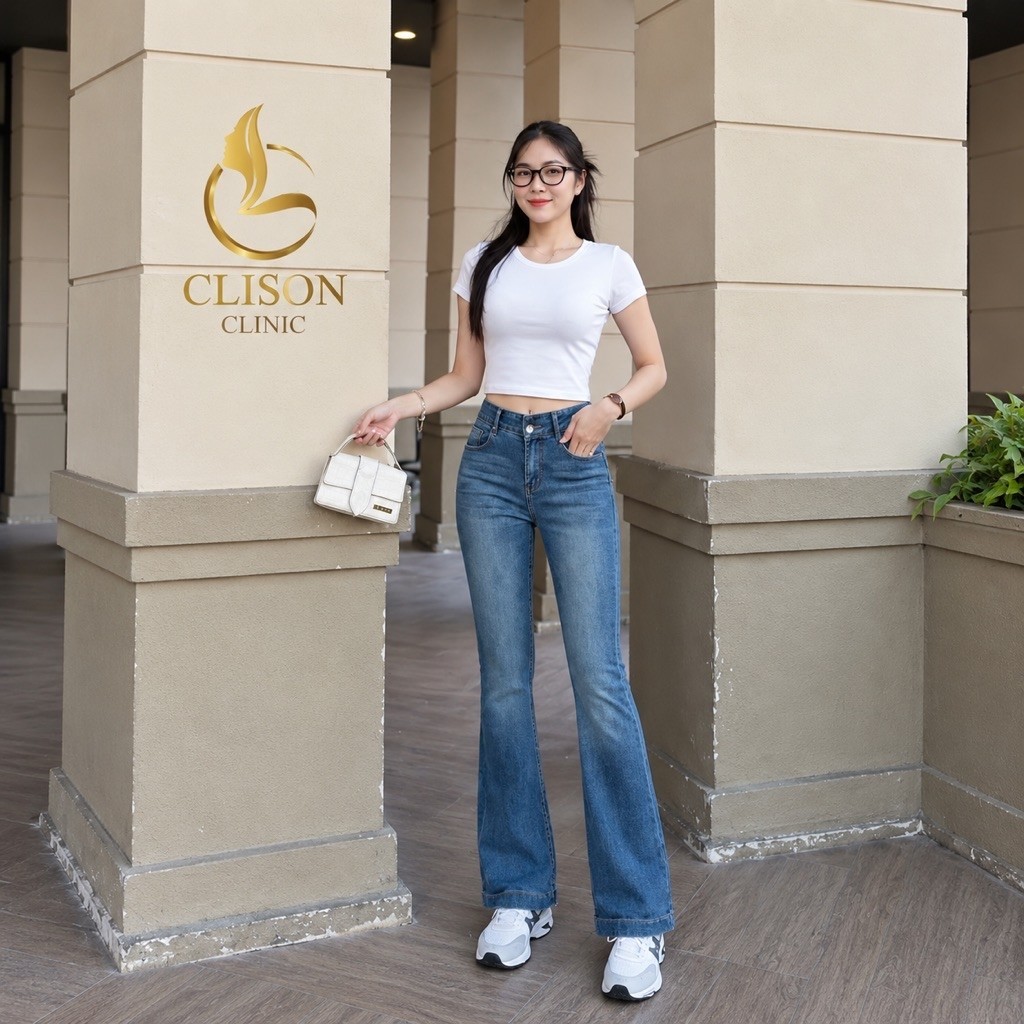 Quần Jean Ống Loe Lưng Cao Co Giãn 4 Chiều Clison Clinic - Ống Bát Dài Tôn dáng Xanh Đậm
