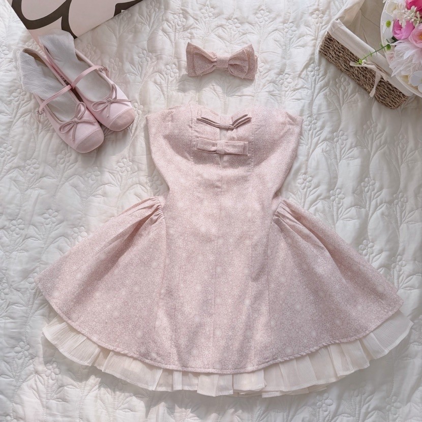 Đầm Kiểu Nữ Hoa Nhí Hồng Đính Nơ ANNA - Elara Dress