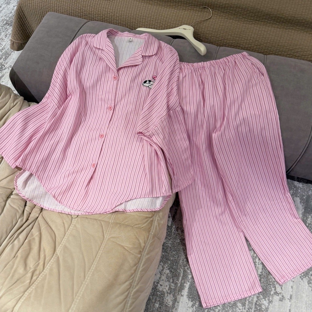 [HÀNG SẴN] Bộ ngủ pijama dài tay kẻ sọc dọc điểm hình thú nhỏ chuẩn quảng châu cao cấp mặc nhà xinh 
