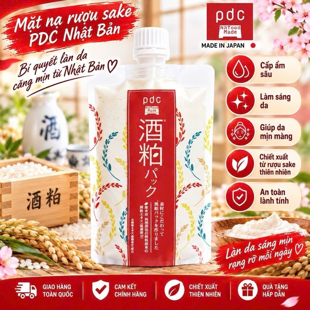 MẶT NẠ BÃ RƯOU SAKE PDC DƯỠNG ẨM NHẬT BẢN GIÚP DA TRẮNG SÁNG ĐỀU MÀU GÓI 170g