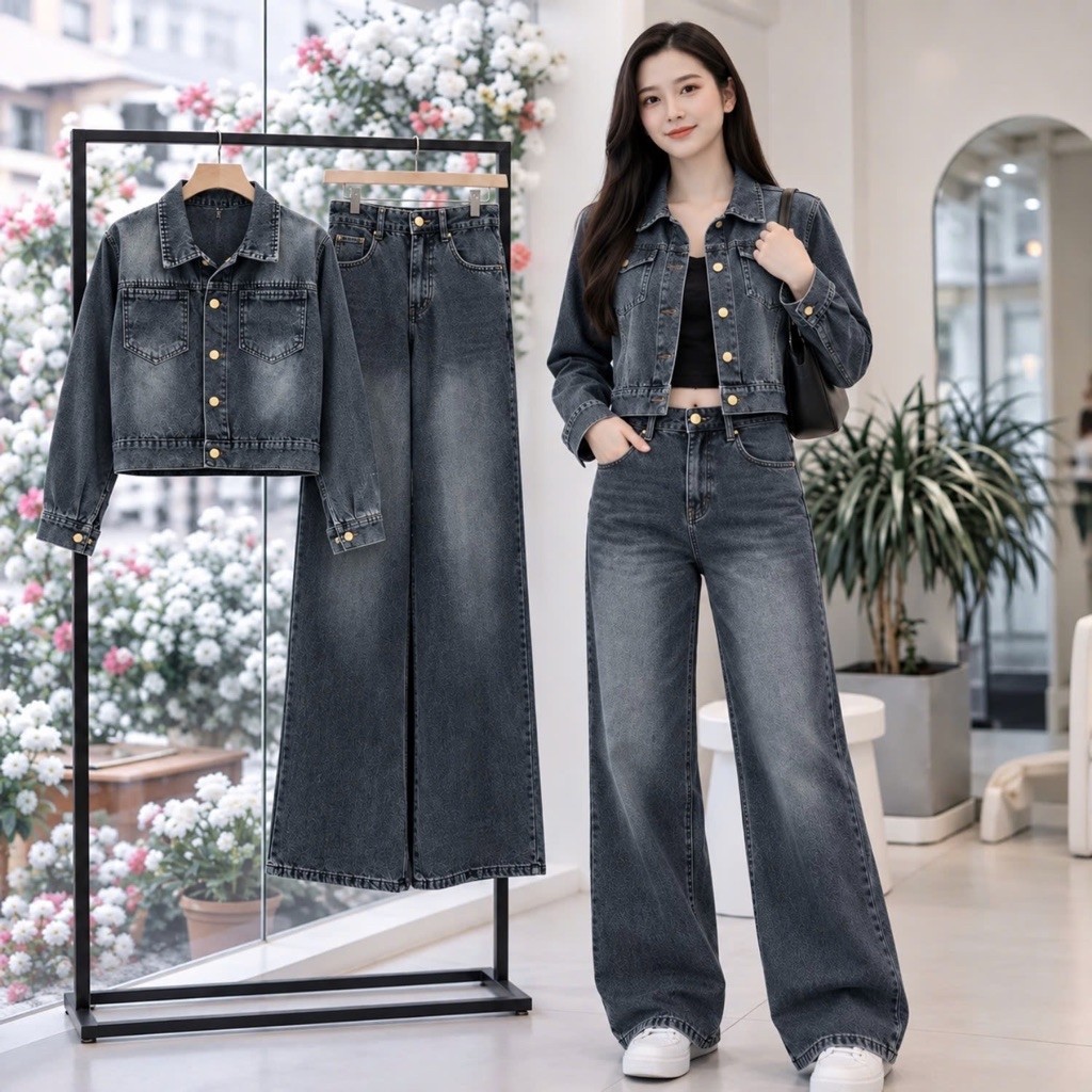 Sét Jean B102 Áo Tay Dài Khuy Bấm Cổ Đức, Quần Cạp chun sau Khuy Trước Dành Cho Nữ, Chất Jean Mềm, S