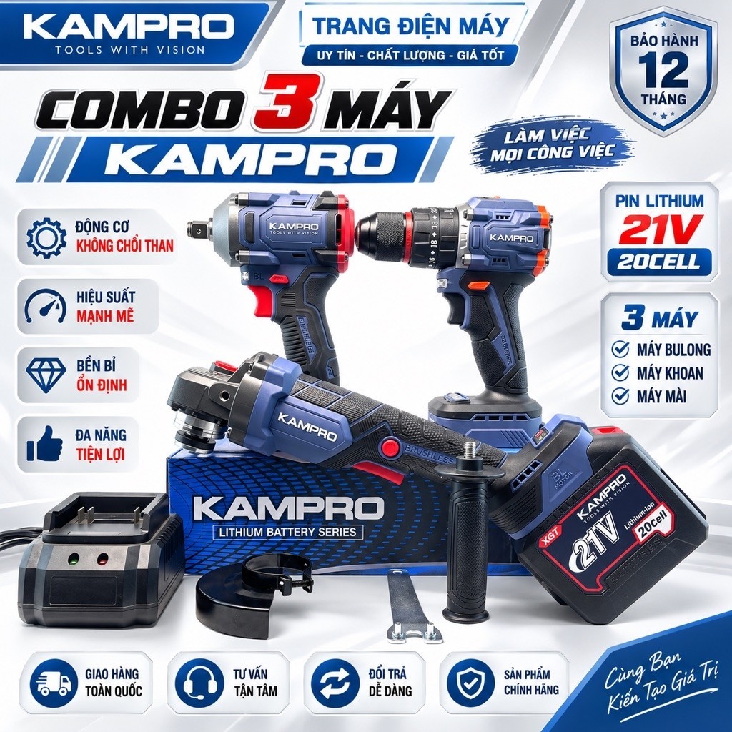 Combo KAMPRO Máy Mài K96100PRO, Máy Siết Bulong K888 , Máy Khoan 10Li K21pro , Kèm Pin 20Cell Sạc - 