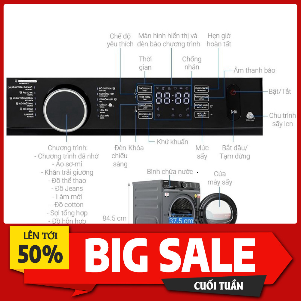 Nhắn shop đặt hàng Máy sấy bơm nhiệt Toshiba 10 kg TD-BK110GHV(MK) Sấy khô nhanh bảo vệ sợi vải tiết