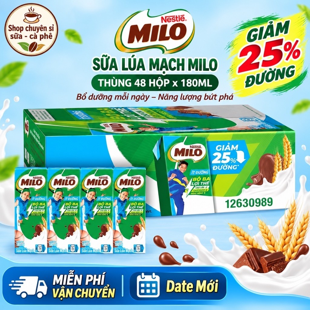 Sữa Lúa Mạch Milo Ít Đường 180ML (48Hộp x 180ML) DATE MỚI