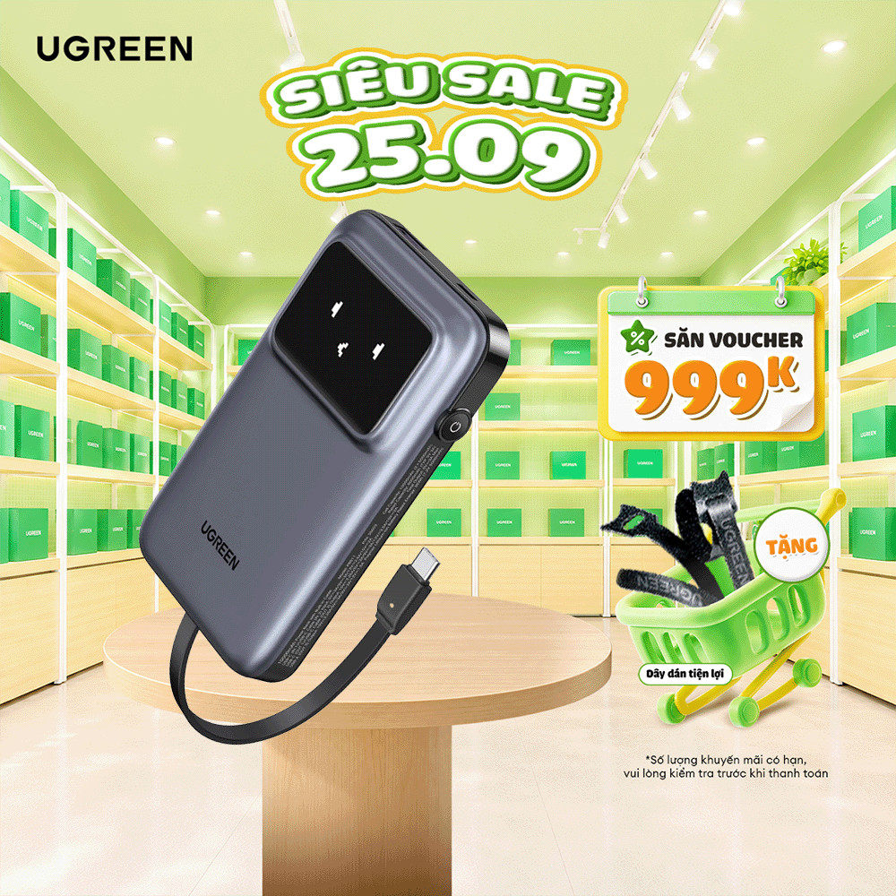 Pin Ugreen PB511 10000mAh | 30W | Sử Dụng Lõi Pin Li-Po | Tích Hợp Cáp USB-C | Bảo Hành 18 Tháng 1 Đ