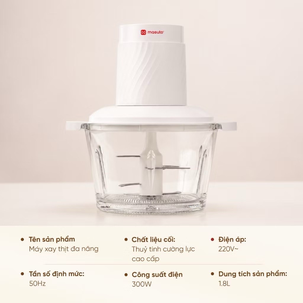 [VHL x Masuto] Siêu Máy Xay Thịt Đa Năng Masuto cối thủy tinh xay thịt, xay gia vị siêu nhanh, tặng Lưỡi dao đánh ruốc