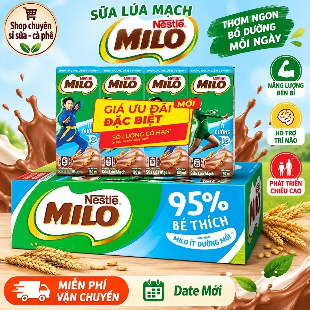 Sữa Lúa Mạch Milo Ít Đường 180ML (48Hộp x 180ML) DATE MỚI