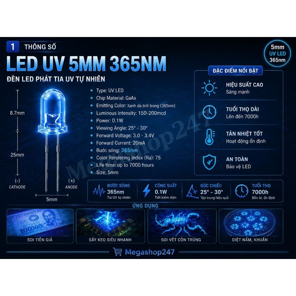 5mm UV led 365nm - 5mm UV LED Diode- Đèn Led phát tia UV tự nhiên