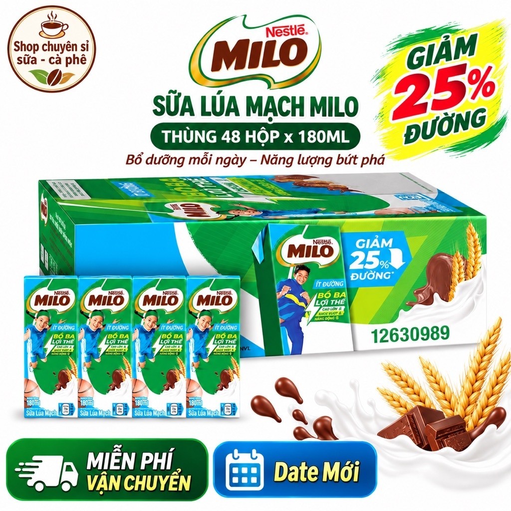Sữa Lúa Mạch Milo Ít Đường 180ML (48Hộp x 180ML) DATE MỚI