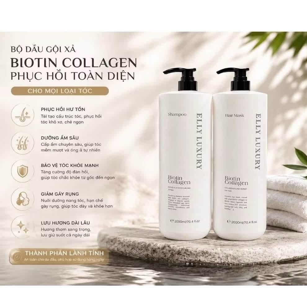 Cặp dầu gội và xả tóc Elly Luxury Biotin Collagen cho tóc khô xơ /2000ml