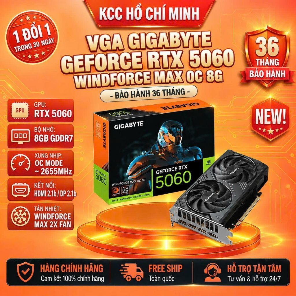 VGA Gigabyte GeForce RTX 5060 WINDFORCE MAX OC 8G (GV-N5060WF2MAX OC-8GD) - Bảo hành 36 tháng