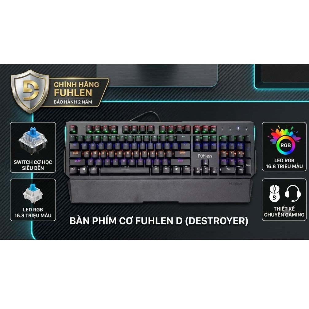 Fuhlen Bàn Phím Gaming Fuhlen D Destroyer với Đèn LED RGB và Thiết Kế Cổ Điển