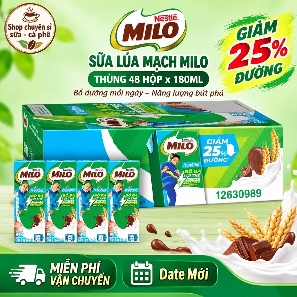 Sữa Lúa Mạch Milo Ít Đường 180ML (48hộp x 180ML) DATE MỚI