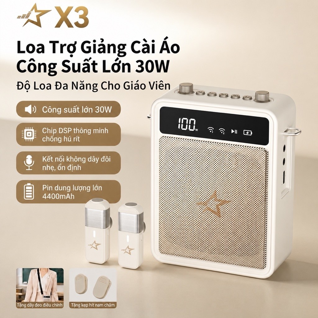 "Tặng Túi" Loa Trợ Giảng X3 - 2 Mic Cài Áo, Công Suất 30W, pin 4400mAh. Micro…
