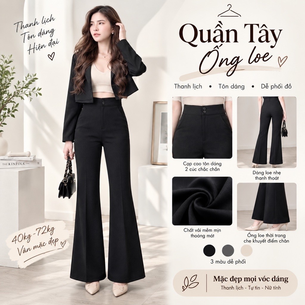Quần Tây Ống Loe Lưng Cao - Quần Tây lưng cao,chất vải TM