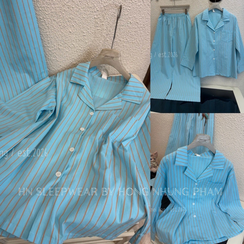[SẴN] Bộ ngủ pijama thô dài tay kẻ sọc dọc túi áo chuẩn qccc cao cấp mềm mại mặc nhà, đi chơi, du lị