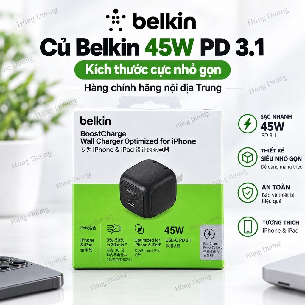 Củ sạc Belkin 45w cube cực kì nhỏ gọn, sạc siêu nhanh PD 3.1