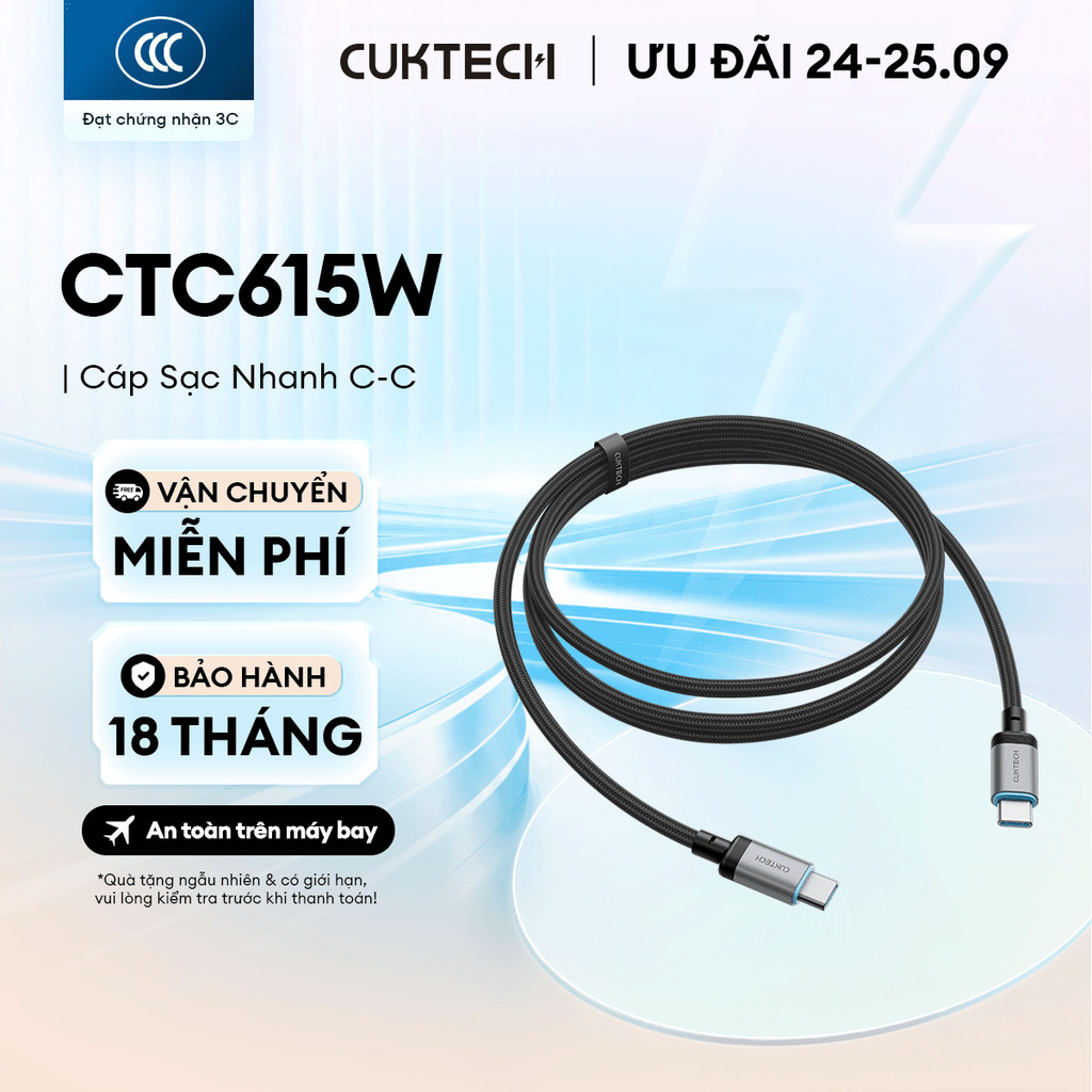 Cáp Sạc Nhanh CUKTECH CTC615W C-C 1.5m | Công Suất Sạc Max 240W (6A) | Truyền Dữ Liệu 480 Mbps | Bảo Hành 18 Tháng