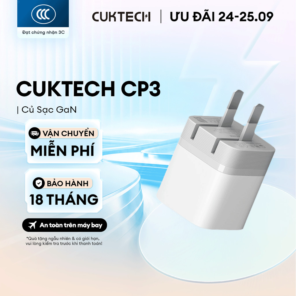 Củ Sạc GaN CUKTECH CP3 1C | Công Suất 40W | Hỗ Trợ Sạc Nhanh | Thiết Kế Nhỏ Gọn | Bảo Hành 18 Tháng AC301