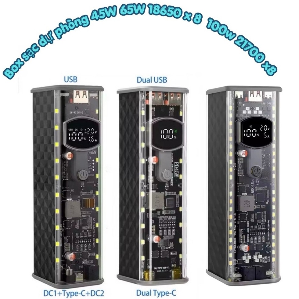 Box sạc dự phòng 45W & 65W 18650 x 8 & 100W 21700 x8 - Pin tháo rời ko cần hàn