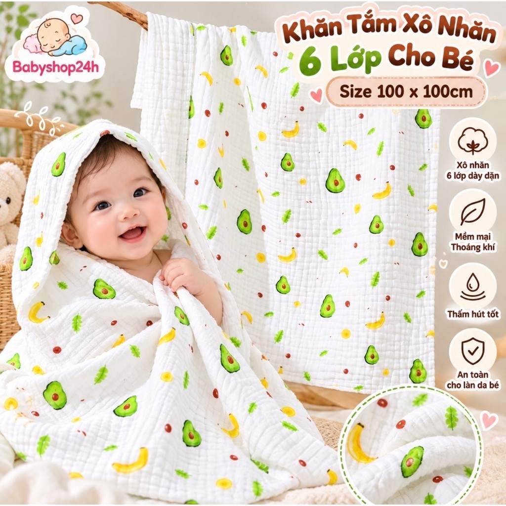 Khăn Tắm Xô Nhăn 6 Lớp Cho Bé Sơ Sinh Vải Xô Mềm Mịn Kích Thước 1m x 1m