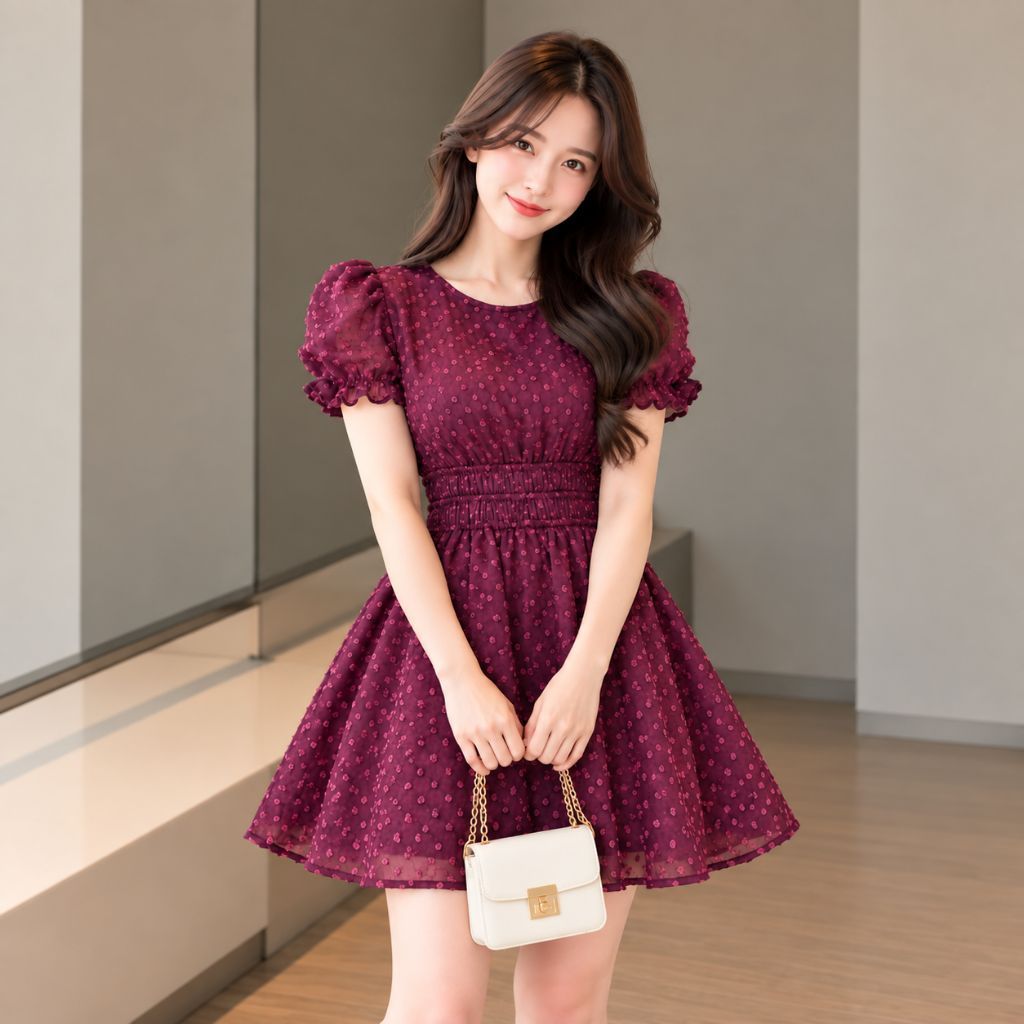 Đầm Nữ Tay Phồng Nhún Eo Dáng Xòe Ngắn, Váy Chấm Bi Nổi Thanh Lịch D2596