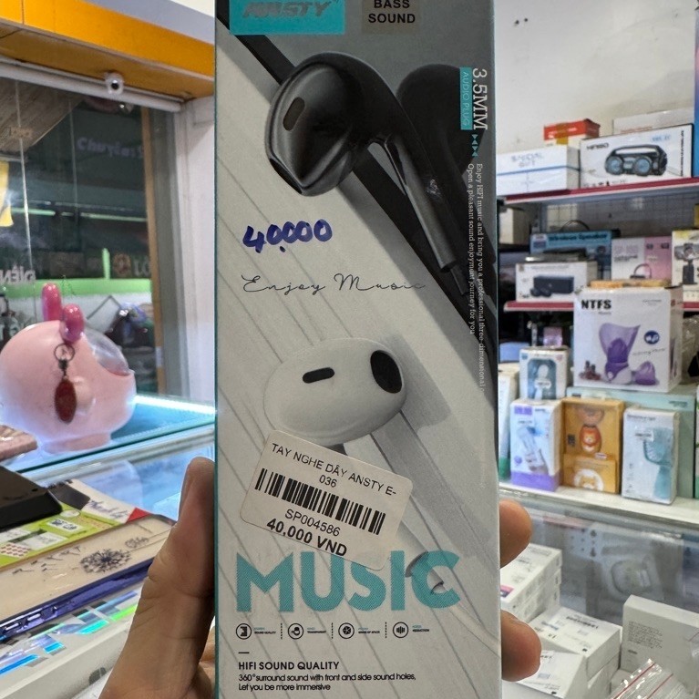 Tai nghe nhét tai ANSTY E-036 hổ trợ rắc cắm tròn cổng 3.5mm