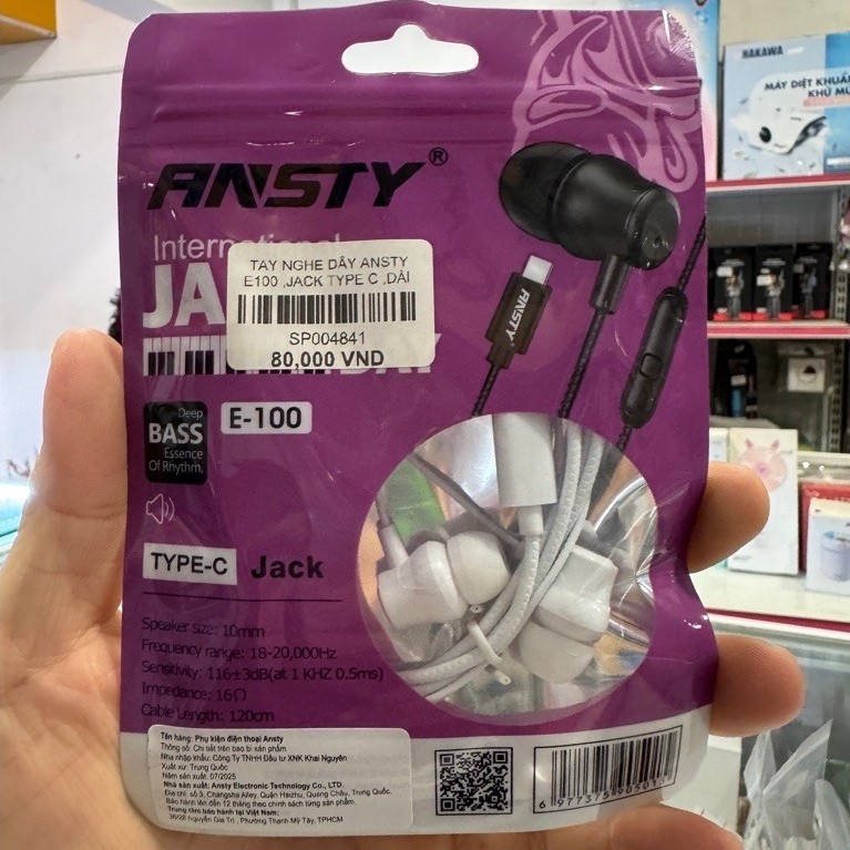 Tai nghe dây ANSTY E-100 ,hổ trợ cổng  rắc cắm type C